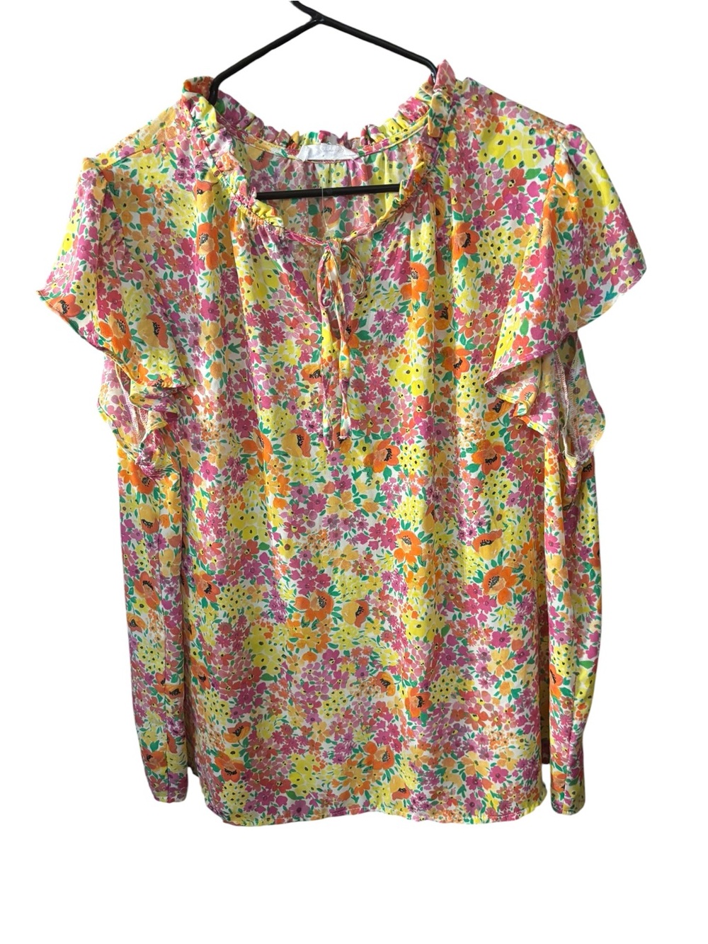 Cynthia Rowley Yellow Floral Ruffle-Tie Flutter Sleeve Blouse